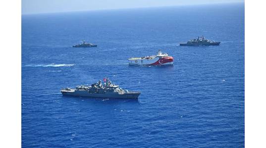 Frigates and corvettes of the Turkish Naval Forces escorting ORUC REİS seismic vessel while conducting surveys in the Eastern Mediterranean - Credit: Turkish Defense Ministry