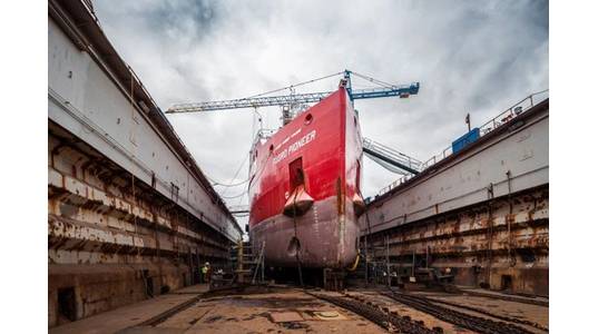 Fugro Pioneer is undergoing conversion to enable it to run on methanol. Image courtesy Fugro

