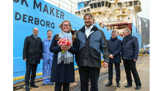 Godmother Rikke Eskjær and Olav Nakken, CEO of Kleven verft A/S after naming sereminy and delivery of Mærsk Maker. Photo: Olav Thokle - Fotomaritim