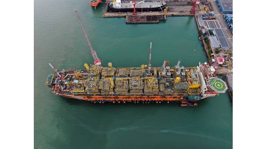  Guyana-bound: The Chinese-built Liza Unity FPSO last year arrived in Singapore for topsides integration. The FPSO is destined for the ExxonMobil-operated Liza field development in Guyana. (Photo: SBM Offshore)