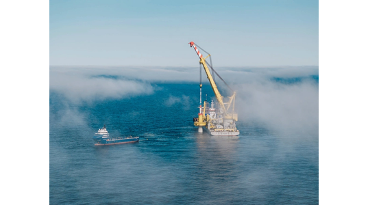 Jan De Nul’s heavy-lift vessel Les Alizés installing the first monopile at Thor (Credit: RWE)