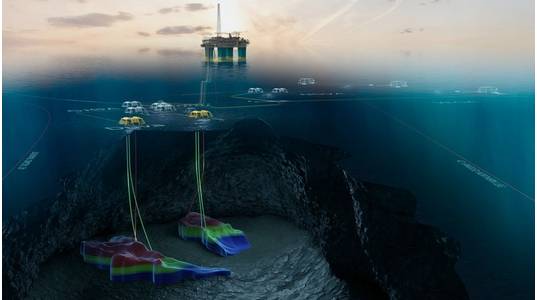 An illustration of the Gjøa field and Gjøa platform, with the templates for the two development projects Duva and P1 in yellow (Image: Neptune Energy)