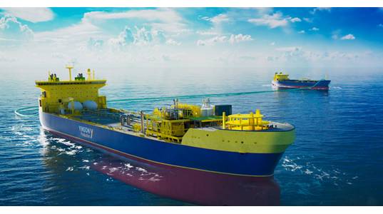 An illustration of an FSIU vessel in the foreground, taking cargo from an LCO2 carrier in the background (Credit: Yinson Production)
