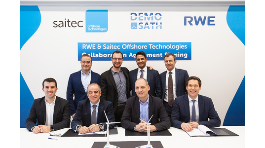 On the image bottom row (left to right): David Carrascosa, CTO Saitec Offshore Technologies, Javier Urgoiti, CEO Saitec Engineering, Till Schwarzlose, RRI Designated Director Offshore Development APAC & Americas and Pascal Deus, RRI Technology & Innovation Top row (left to right): Jesús Lopez-Tafall, DemoSATH project manager, Luis González-Pinto, COO Saitec Offshore Technologies, James Kothanikkel, RRI Partnering, Günther Fenle, RRI Offshore Development. Image Credit: Saitec