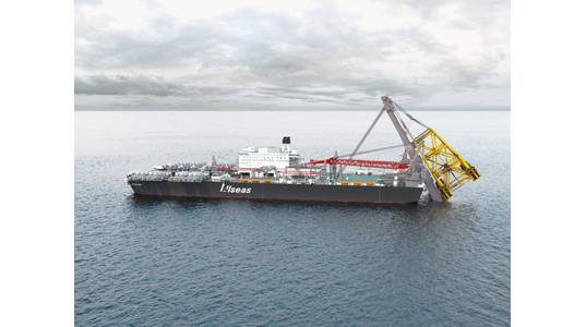 Impression of how the Gyda jacket ready for transport in a near-vertical positon (Image: Allseas)