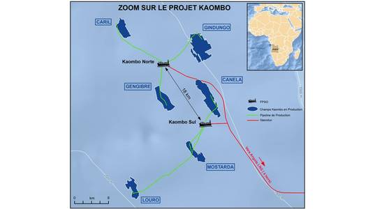 The full Kaombo development consists of six fields spread over an area of 800 km2. Gengibre, Gindungo and Caril were connected to the Kaombo Norte FPSO which started up last year, while the three fields, Mostarda, Canela and Louro, have now been connected to Kaombo Sul. (Image: Total)