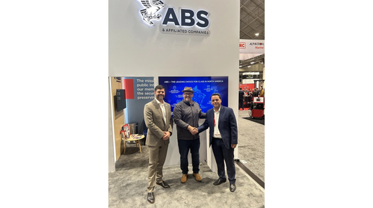 (L to R): Keegan Plaskon, ABS Director, Business Development; Bryan Rouse, Edison Chouest Offshore, Sustainability Coordinator; and Stergios Stamopoulos, ABS Manager, Sustainability; at the 2023 International WorkBoat Show in New Orleans.