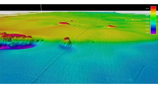 Kongsberg EM710 MKII multibeam echosounder data illustrating a pipeline in ~50m depth. (Image: TDI-Brooks)
