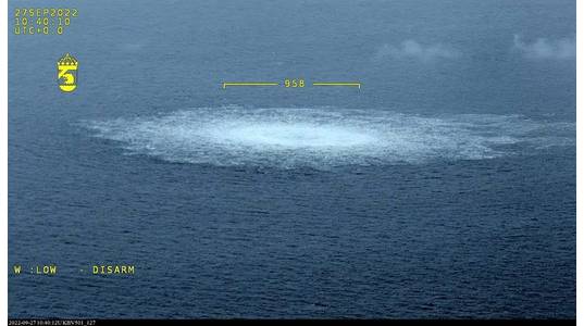 Gas leaking from the damaged Nord Stream pipelines on September 27 - Credit: Swedish Coast Guard