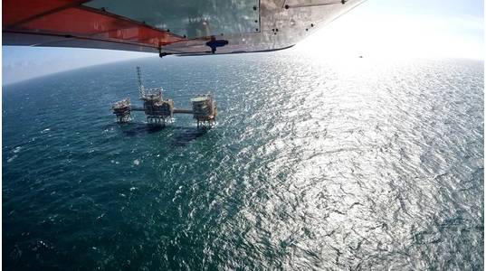 North Sea oil and gas platform being monitored for methane emissions by a Flylogix drone (Credit: Flylogix)