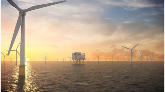 (Photo: Artistic illustration of wind turbines and a substation at Dogger Bank Wind Farm by Aibel)

 