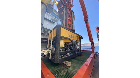  

Photo – Film-Ocean's Quasar 150HP Workclass ROV in operation off the coast of Greece supporting an electrical interconnection cable installation project
