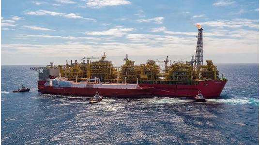 The Prelude FLNG facility, with the Valencia Knutsen berthed side-by-side (File Photo: Shell)
