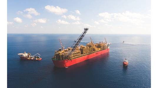 Prelude FLNG on station during commissioning 475 kilometers north, north-east of Broome, Western Australia (Source: Shell)