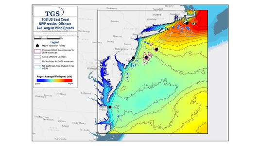 Regional coverage compares August wind speeds offshore North East USA - Credit:TGS