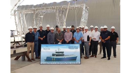 Representatives from USCG, St. Johns Ship Building, Americraft Marine, Atlantic Wind Transfers, Chartwell Marine, EMS, BEE, MAN Engines, Hamilton Waterjets and ZF participated in a keel laying ceremony at St. Johns Ship Building in Palatka, Fla. (Photo: Chartwell Marine)