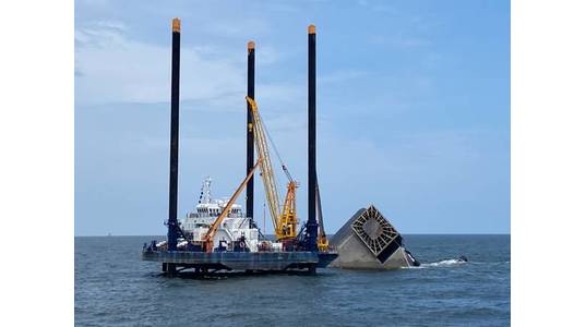 The Seacor Eagle is staged with gear near the Seacor Power off Port Fourchon, La. The vessel is being used as stable platform to assist in salvage and pollution response operations. (Photo: Brendan Freeman / U.S. Coast Guard)