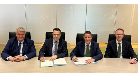 (L-R): Seaway7's Dave Pugh, Executive Project Director and Nicolas Monnot, Project & Operations Director join Charlie Jordan, CEO ScottishPower Renewables and Ross Ovens, SPR's Managing Director for the East Anglia Hub offshore windfarms to sign the contract for the transport and installation of the foundations and inner-array cables for the East Anglia THREE offshore windfarm. - Credit: ScottishPower Renewables