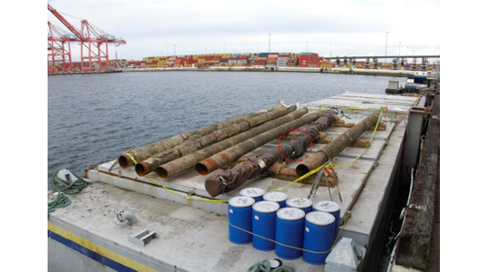 Six segments of damaged pipeline that were removed for replacement. The leak site, circled in red, was observed on the segment shown wrapped in a tarp. (Photo: NTSB)