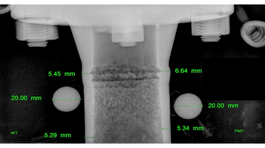 Separator nozzle stub shows weld and pipe corrosion after seven seconds of exposure time with the TAXI service. The green numbers are the measurements of remaining wall thickness on a pipe. All the darker areas within the center of the pipe illustrates evidence of pitting type and weld root corrosion. (Image: Oceaneering)