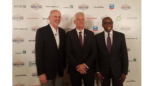 Jeff Shellebarger, chairman of the 23rd WPC Organizing Committee; Tor Fjaeran, president of the World Petroleum Council; and Uwem Ukpong, vice president of global operations at Baker Hughes, following a press briefing. (Photo: Jennifer Pallanich)