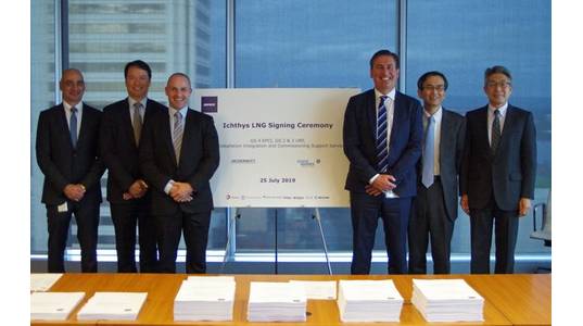 Shown from left to right at the contract signing: William Calligeros, McDermott Country Manager Australia, NZ & PNG; Derek Price, BHGE Regional Sales Leader; Graham Gillies, BHGE Oilfield Equipment Vice President; Ian Prescott, McDermott Senior Vice President Asia Pacific; Hideki Iwashita, INPEX Vice President Finance and Technology Services; and Yosuke Ueda, INPEX Vice President Asset Managem (Photo: McDermott)