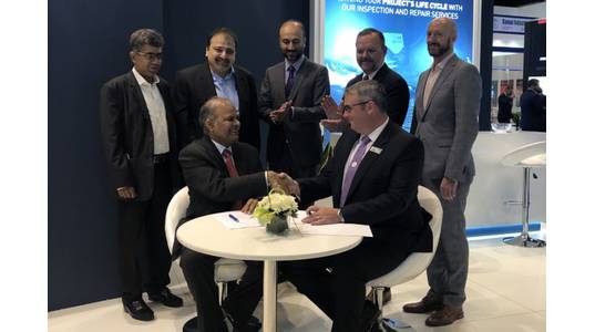 At the signing ceremony in Abu Dhabi, left to right: Sadiq Mansuri, F&M; Javed Khamisani, F&M; Syed Farukh Mazhar, MD F&M; Gregory Boyle, Regional Director Oceaneering; Mark Russell, commercial counselor, Consulate General of the United States; Kashif Salim, Oceaneering; and Michael Sullivan, Economic Counselor (Photo: Oceaneering)