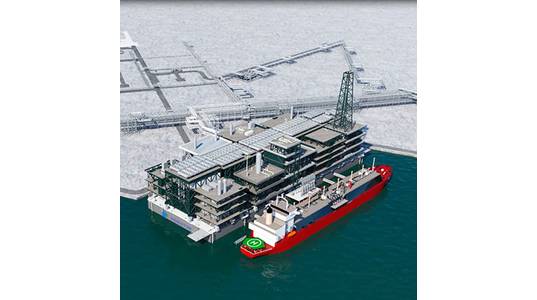 An LNG tanker next to the offshore Gravity Based Structure -Image Credit: Novatek