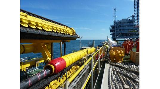 Tekmar Cable Protection System on the back of a Jan De Nul Group vessel installing an offshore wind project. (Photo: Tekmar)