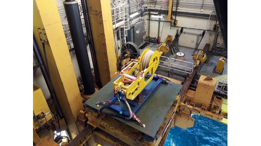 A tensioner component of the TVO Wellhead Fatigue Mitigation System in the moonpool ready for installation. (Photo: Trendsetter Vulcan Offshore)
