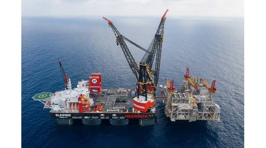 The topsides for Noble Energy’s Leviathan development in the Mediterranean were installed by the world's largest crane vessel, Sleipnir. (Photo: Heerema Marine Contractors)