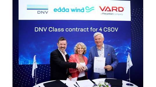 L to R: Torgeir Haugan, Senior Vice President, Vard Singapore Pte.,Tuva Flagstad-Andersen, Regional Manager, Region North Europe at DNV, and Kenneth Walland, CEO Edda Wind. (Photo: DNV)