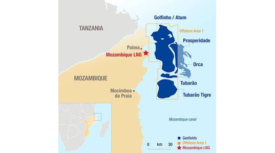 Map of Total's LNG plant under construction and offshore gas fields - Credit: Total