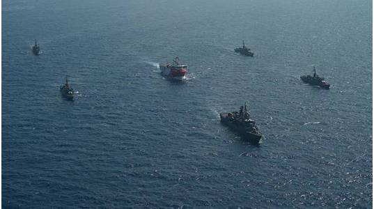 Turkish Navy vessels escorting the Oruc Reis seismic vessel - Credit: Turkish Defense Ministry