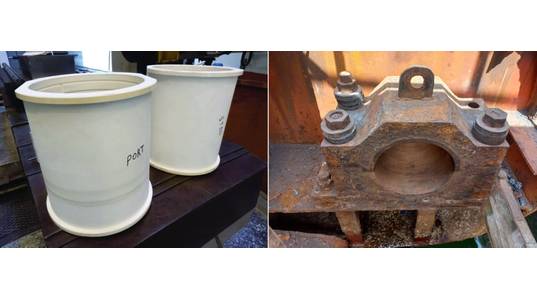 AHTS Vessel ES Kestrel replaced its existing stern roller bearings (right) with Thordon’s grease-free SXL bearings while the vessel remained afloat and operational (Credit: Thordon Bearings)