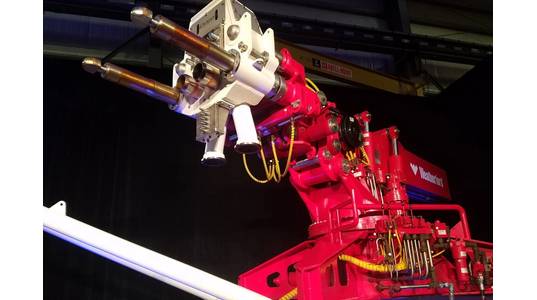 Weatherford launched its automated managed pressure drilling (MPD) riser system in Houston this week. Pictured is the robotic arm. (Photo: Jennifer Pallanich)