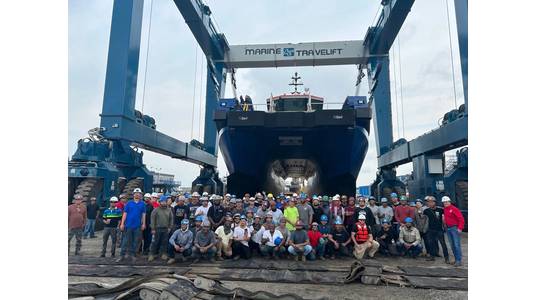 The WindServe Genesis is launched a the Senesco Marine shipyard in Rhode Island (Photo: Senesco Marine)