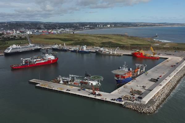 Aberdeen South Harbour pictured in August 2023 with vessels supporting oil and gas, renewables, cruise and cargo in port. Credit: Port of Aberdeen