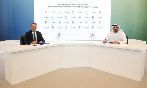 The agreement was signed by Captain Abdulkareem Al Masabi, CEO of ADNOC L&S and Xavier Génin, CEO of SeaOwl at the UAE Climate Tech Forum organized by the Ministry of Industry and Advanced Technology. ©ADNOC