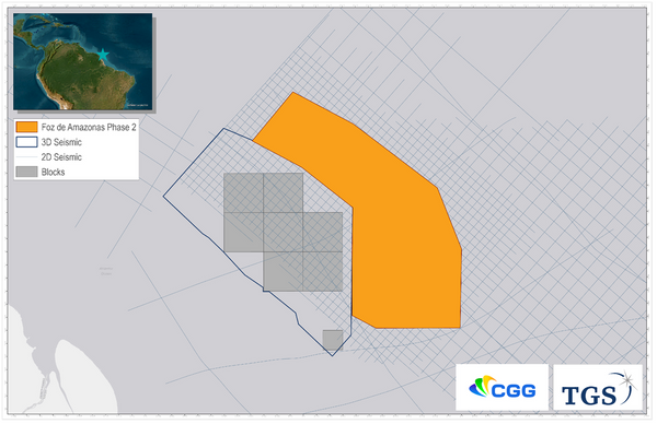 Foz de Amazonas Phase II extends coverage from existing 3D data into deeper water over prospective acreage identified by basin modeling, which is on-trend with other discoveries in the region. Credit: TGS