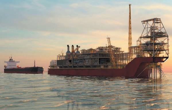 Artist impression of the FPSO for the Sangomar Field Development offloading oil to an offtake tanker; Image source: Woodside