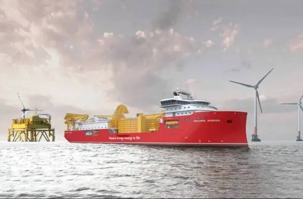 Artist’s illustration of Nexans Aurora cable-laying vessel at an offshore windfarm. Credit: Nexans
