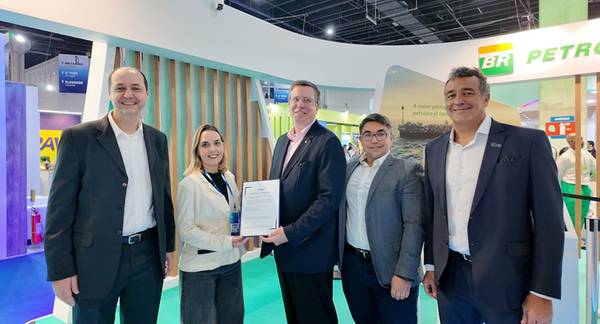 AIP ceremony at OTC Brazil 2025 in Rio de Janeiro, Brazil. (L to R) Vinícius Mattos; Petrobras Surface Engineering Technologies Manager; Silvia Ramscheid Figueiredo; R&D for Structural and Surface Engineering at CENPES; Matthew Tremblay; ABS Vice President, Global Offshore Markets; João Paiva; ABS; Engineer, Managing Principal; Rafael Torres; ABS Director, Global Offshore - South America. © ABS