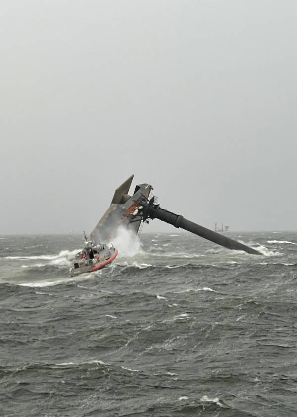 A Coast Guard Station Grand Isle 45-foot Respone Boat-Medium boatcrew heads toward a capsized 175-foot commerical lift boat April 13, 2021 searching for people in the water 8 miles south of Grand Isle, Louisiana. The Coast Guard and multiple good Samaritan vessels responded to the capsized vessel and searched for multiple missing people in the water. (U.S. Coast Guard photo courtesy of Coast Guard Cutter Glenn Harris) 