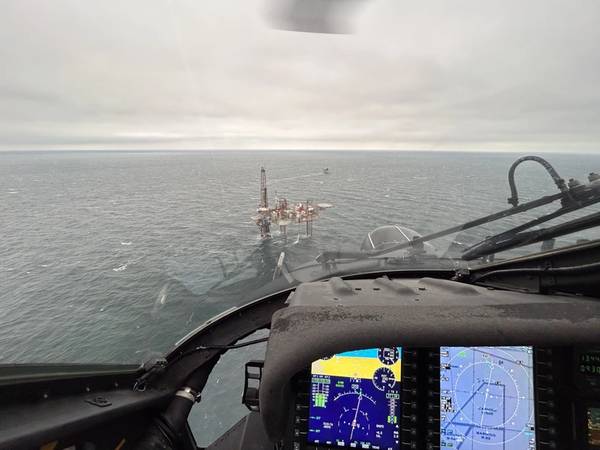 Coast Guard Air Station New Orleans MH-60 Jayhawk helicopter aircrew flying to a platform to medevac a crewmember aboard reportedly having difficulty breathing approximately 40 miles south of Port Fourchon, La., March 13, 2023. The aircrew arrived on scene, landed on the platform, embarked the man aboard the helicopter and transferred him to the University Medical Center. (Photo: U.S. Coast Guard)