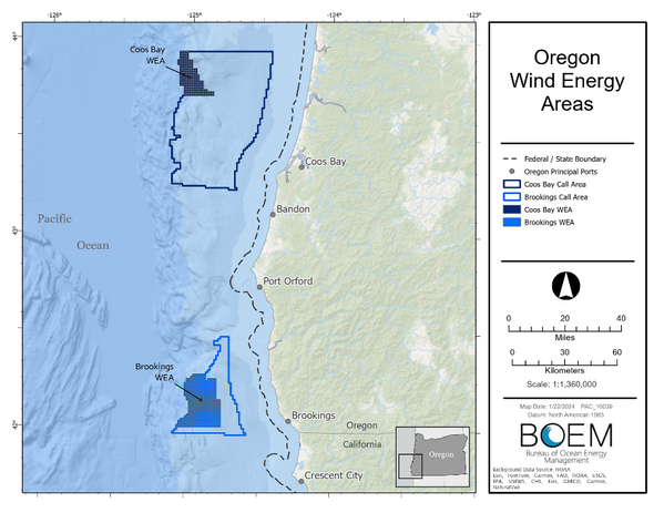 BOEM has designated two final Wind Energy Areas (WEAs) off the Oregon coast, the Coos Bay WEA is 61,204 acres and  located approximately 32 miles (mi) from shore. The Brookings WEA is 133,808 acres and  approximately 18 mi off the coast. If fully developed, the Final WEAs could support 2.4 GW of energy production. (Image: BOEM)