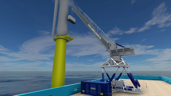 The E5000 system, with its full motion compensation, will be able to transfer people and up to 5 tons of cargo in rough waters. (Image: Ampelmann)