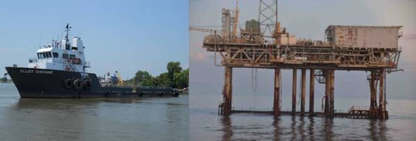 ​​​Elliot Cheramie underway before the contact (left) and the oil and gas production platform EI-259A before the contact. (Sources: Cheramie Marine (left); Cox Operating (right))​​