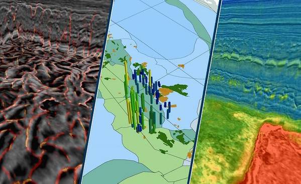 Example derivative seismic products from the Utsira OBN survey include (L-R) fault mapping, geobody extraction, and 3D property prediction. Credit: TGS