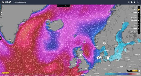 Example of wave visualization accessible on miros.app. 17 interactive map layers that allow users to visualize factors such as wind, waves, and currents, utilizing various forecast models. Source: miros.app